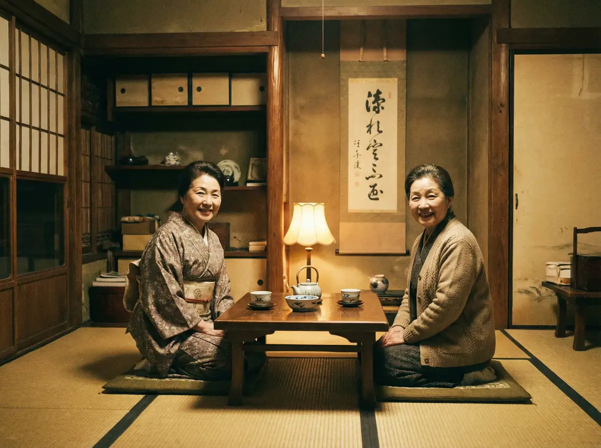 两位优雅的 欧美午夜小视频 在日式茶室中品茶交谈